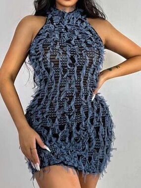 Blue black stretchy fringe crochet like knitted mini sleeveless dress